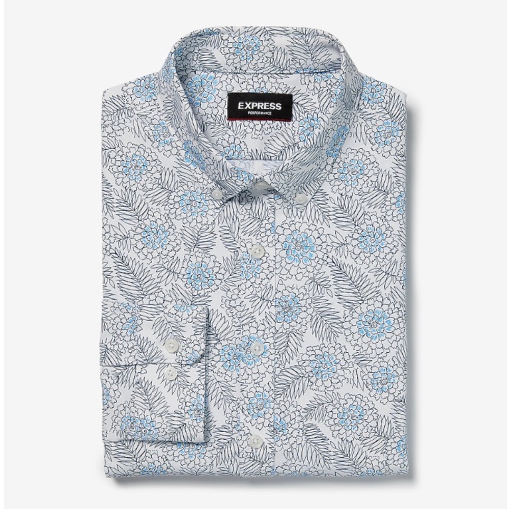 Express White/Blue Floral Casual Dress Shirt